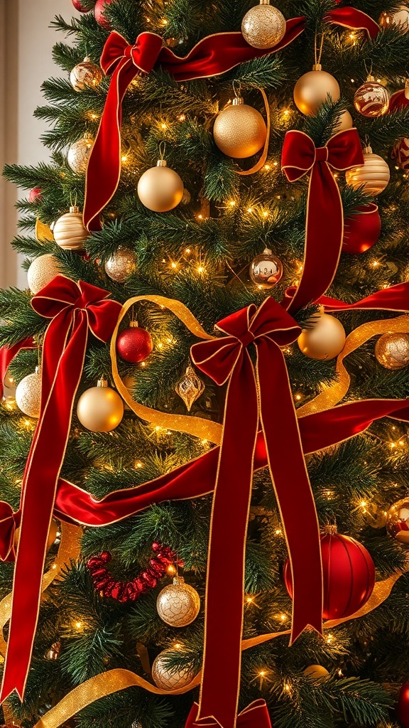 A Christmas tree decorated with red and gold velvet ribbons, ornaments, and lights.